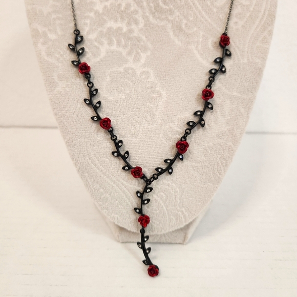 Red Metal Roses, Rhinestone Tassel, Victorian Inspired - Picture 5 of 12